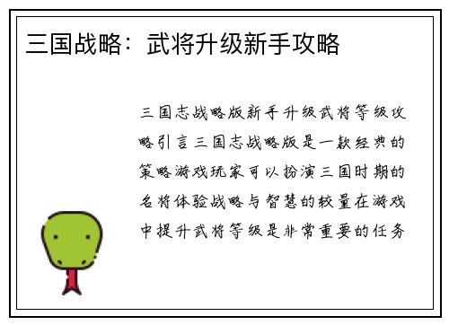 三国战略：武将升级新手攻略